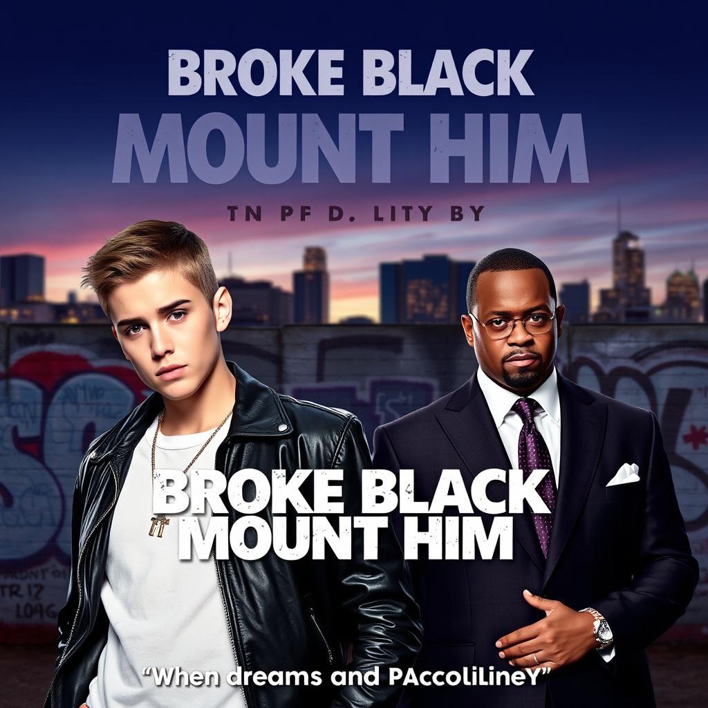 A movie poster for 'Broke Black Mount Him', featuring Justin Bieber and P Diddy in a dramatic, urban setting