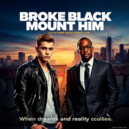 A movie poster for 'Broke Black Mount Him', featuring Justin Bieber and P Diddy in a dramatic, urban setting