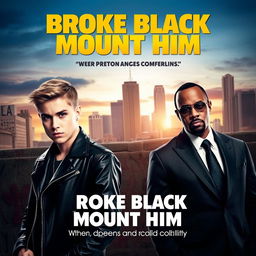 A movie poster for 'Broke Black Mount Him', featuring Justin Bieber and P Diddy in a dramatic, urban setting