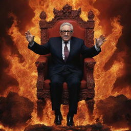 Henry Kissinger as a fearless figure, dramatically kicking a symbolic representation of Satan from a fiery throne in a surreal, Dante-esque depiction of Hell.