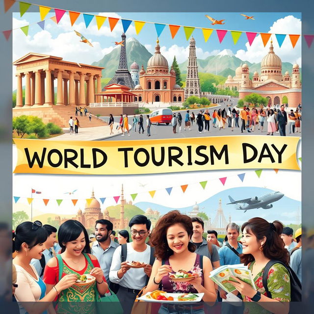 A celebratory scene showcasing World Tourism Day, featuring people from diverse backgrounds enjoying various cultural experiences