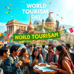 A celebratory scene showcasing World Tourism Day, featuring people from diverse backgrounds enjoying various cultural experiences