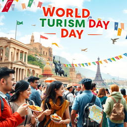 A celebratory scene showcasing World Tourism Day, featuring people from diverse backgrounds enjoying various cultural experiences