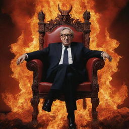 Henry Kissinger as a fearless figure, dramatically kicking a symbolic representation of Satan from a fiery throne in a surreal, Dante-esque depiction of Hell.