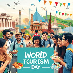 A celebratory scene showcasing World Tourism Day, featuring people from diverse backgrounds enjoying various cultural experiences