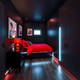 A small bedroom designed with a black and red color scheme, featuring LED lighting that adds a modern and stylish touch