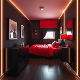 A small bedroom designed with a black and red color scheme, featuring LED lighting that adds a modern and stylish touch