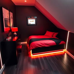 A small bedroom designed with a black and red color scheme, featuring LED lighting that adds a modern and stylish touch