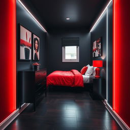 A small bedroom designed with a black and red color scheme, featuring LED lighting that adds a modern and stylish touch