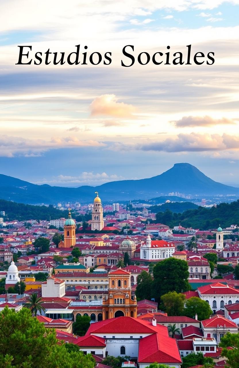 A stunning panoramic view of Quito City showcasing its picturesque skyline, colonial architecture, and surrounding mountains, with the title 'Estudios Sociales' prominently displayed at the top in a bold, elegant font