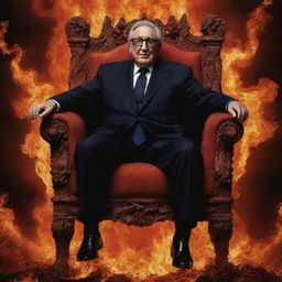 Henry Kissinger as a fearless figure, dramatically kicking a symbolic representation of Satan from a fiery throne in a surreal, Dante-esque depiction of Hell.