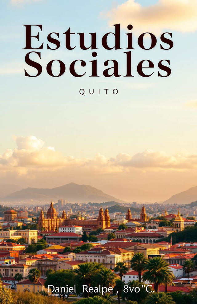 A stunning panoramic view of Quito City showcasing its picturesque skyline, colonial architecture, and surrounding mountains, with the title 'Estudios Sociales' prominently displayed at the top in a bold, elegant font