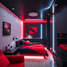 A small bedroom designed with a striking color scheme of black and red, featuring modern LED lights that create an eye-catching atmosphere