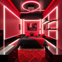 A small bedroom designed with a striking color scheme of black and red, featuring modern LED lights that create an eye-catching atmosphere