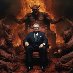 Henry Kissinger as a commanding figure in a surreal hell scene, having kicked Satan from his throne. Demons and a fallen Satan kneel before him in a Dantean underworld.