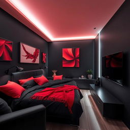 A small bedroom designed with a striking color scheme of black and red, featuring modern LED lights that create an eye-catching atmosphere