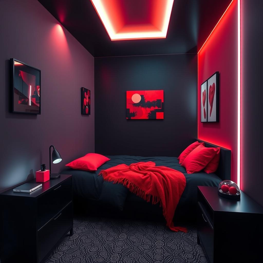 A small bedroom designed with a striking color scheme of black and red, featuring modern LED lights that create an eye-catching atmosphere