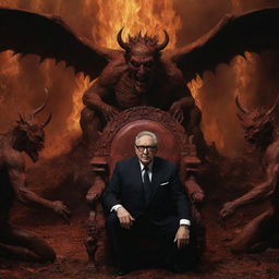 Henry Kissinger as a commanding figure in a surreal hell scene, having kicked Satan from his throne. Demons and a fallen Satan kneel before him in a Dantean underworld.