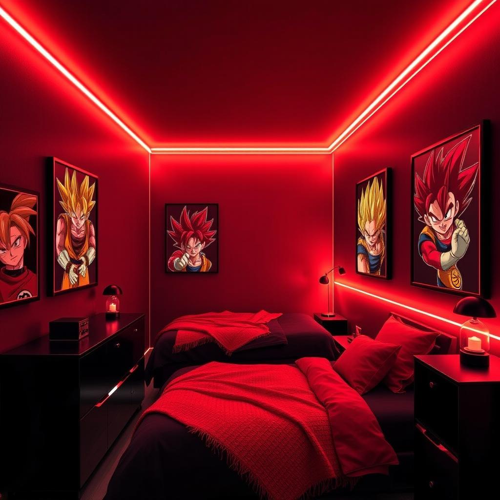 A small bedroom designed with a striking color scheme of black and red, featuring modern LED lights that create an eye-catching atmosphere