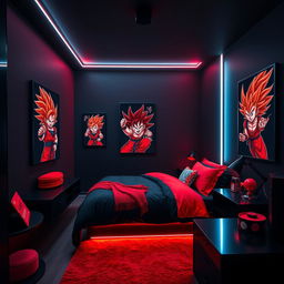 A small bedroom designed with a striking color scheme of black and red, featuring modern LED lights that create an eye-catching atmosphere