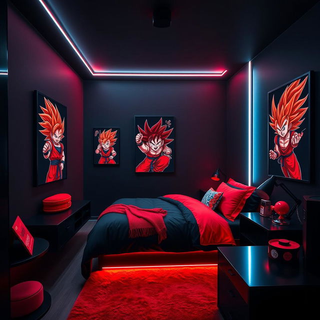 A small bedroom designed with a striking color scheme of black and red, featuring modern LED lights that create an eye-catching atmosphere