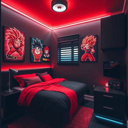 A small bedroom designed with a striking color scheme of black and red, featuring modern LED lights that create an eye-catching atmosphere