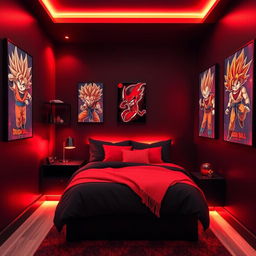 A small bedroom designed with a striking color scheme of black and red, featuring modern LED lights that create an eye-catching atmosphere