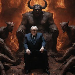 Henry Kissinger as a commanding figure in a surreal hell scene, having kicked Satan from his throne. Demons and a fallen Satan kneel before him in a Dantean underworld.