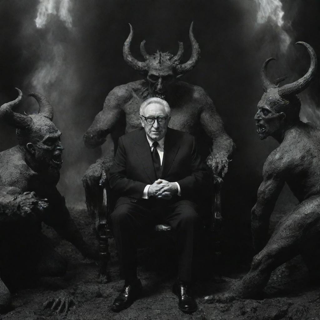 Henry Kissinger as a commanding figure in a surreal hell scene, having kicked Satan from his throne. Demons and a fallen Satan kneel before him in a Dantean underworld.