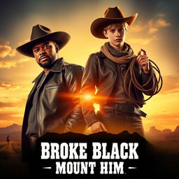 A cinematic poster for a western movie titled 'Broke Black Mount Him', featuring P Diddy and Justin Bieber dressed in classic cowboy attire