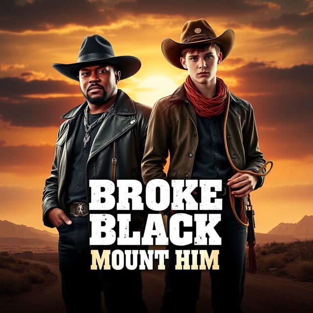 A cinematic poster for a western movie titled 'Broke Black Mount Him', featuring P Diddy and Justin Bieber dressed in classic cowboy attire