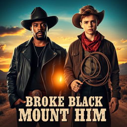 A cinematic poster for a western movie titled 'Broke Black Mount Him', featuring P Diddy and Justin Bieber dressed in classic cowboy attire