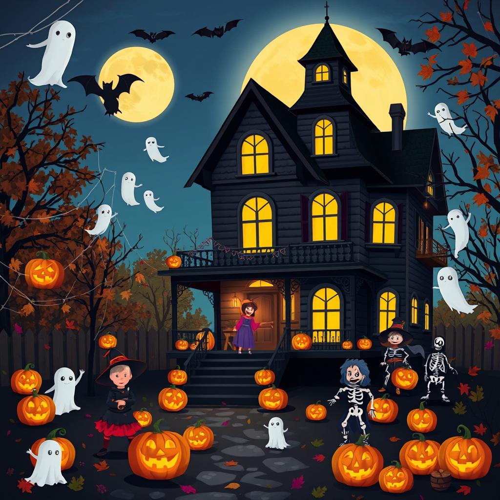 A spooky yet festive Halloween scene featuring a haunted house set against a full moon