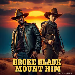 A cinematic poster for a western movie titled 'Broke Black Mount Him', featuring P Diddy and Justin Bieber dressed in classic cowboy attire