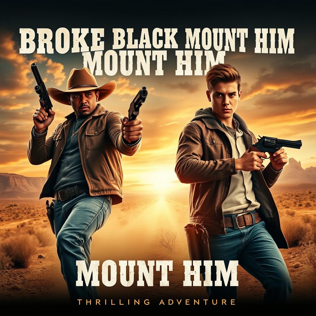 A dynamic movie poster for a western film titled 'Broke Black Mount Him', featuring two leading characters portrayed by a charismatic man in a cowboy hat resembling P Diddy and a young man with a trendy hairstyle resembling Justin Bieber