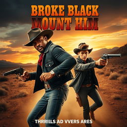 A dynamic movie poster for a western film titled 'Broke Black Mount Him', featuring two leading characters portrayed by a charismatic man in a cowboy hat resembling P Diddy and a young man with a trendy hairstyle resembling Justin Bieber