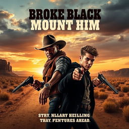 A dynamic movie poster for a western film titled 'Broke Black Mount Him', featuring two leading characters portrayed by a charismatic man in a cowboy hat resembling P Diddy and a young man with a trendy hairstyle resembling Justin Bieber