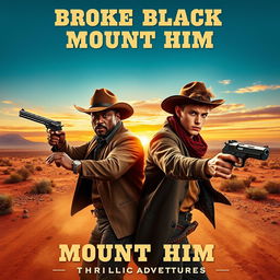 A dynamic movie poster for a western film titled 'Broke Black Mount Him', featuring two leading characters portrayed by a charismatic man in a cowboy hat resembling P Diddy and a young man with a trendy hairstyle resembling Justin Bieber