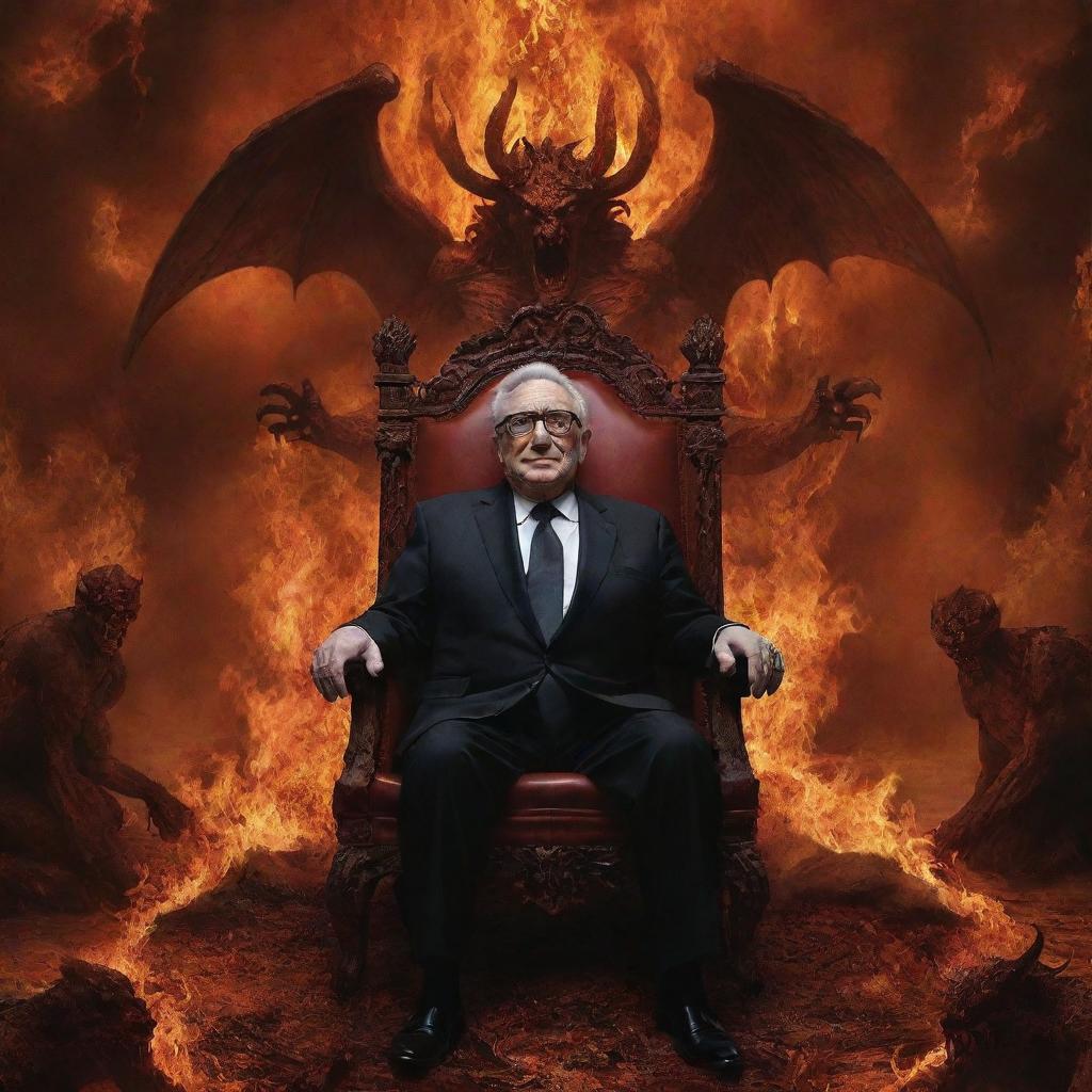 A commanding Henry Kissinger in a surreal underworld, having kicked Satan from his throne. Demons and a subdued Satan kneel before him, set amidst the fiery backdrop of a Dante-esque Hell.