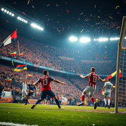 An exhilarating scene capturing the essence of football (soccer) during an intense match at a packed stadium