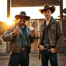 A dynamic scene from a western movie titled 'Broke Black Mount Him', featuring P Diddy and Justin Bieber as two iconic characters