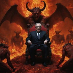 A commanding Henry Kissinger in a surreal underworld, having kicked Satan from his throne. Demons and a subdued Satan kneel before him, set amidst the fiery backdrop of a Dante-esque Hell.