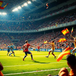 An exhilarating scene capturing the essence of football (soccer) during an intense match at a packed stadium