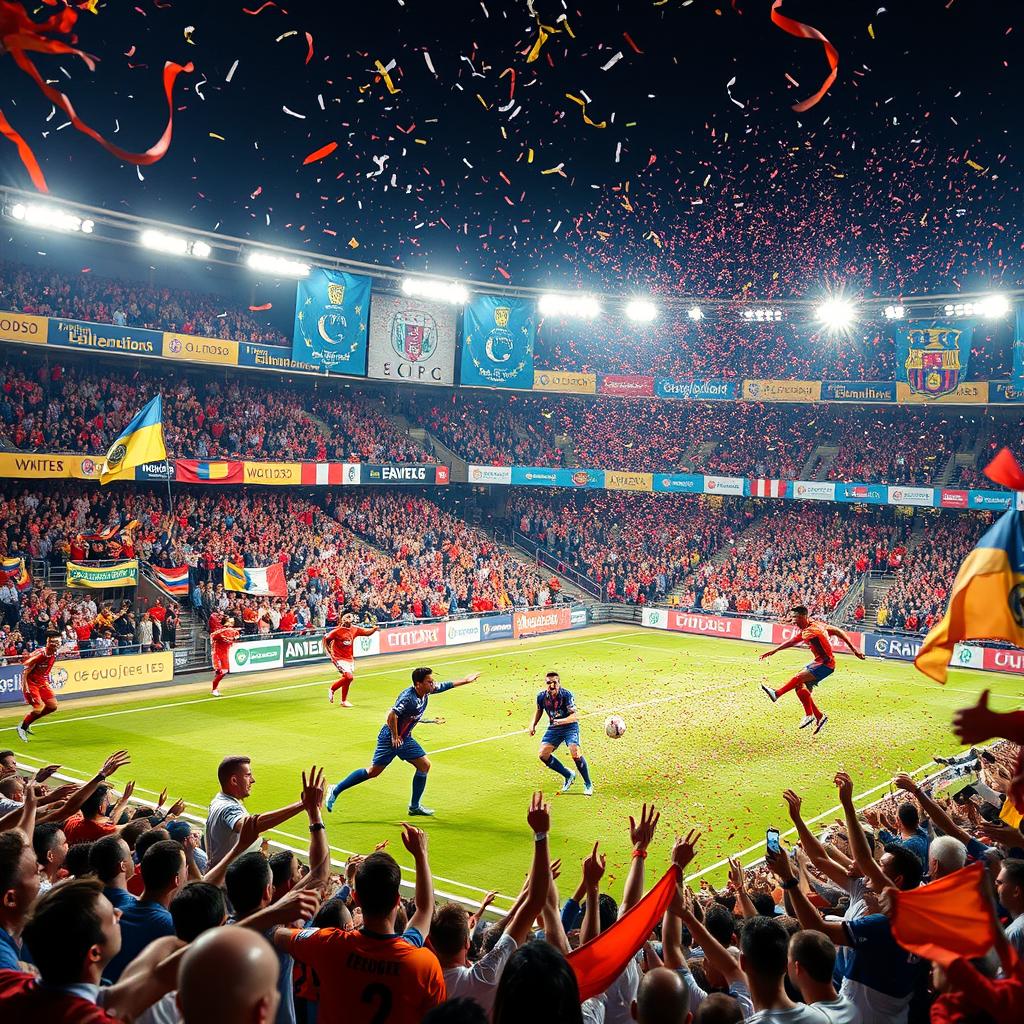 An exhilarating scene capturing the essence of football (soccer) during an intense match at a packed stadium