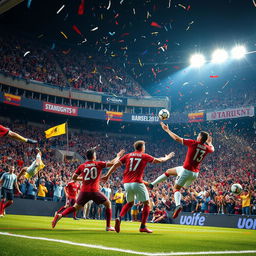 An exhilarating scene capturing the essence of football (soccer) during an intense match at a packed stadium