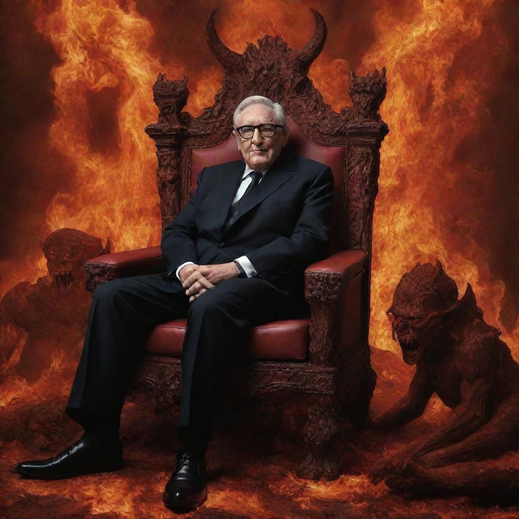 A commanding Henry Kissinger in a surreal underworld, having kicked Satan from his throne. Demons and a subdued Satan kneel before him, set amidst the fiery backdrop of a Dante-esque Hell.