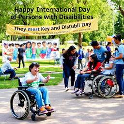 A heartwarming scene celebrating International Day of Persons with Disabilities, featuring individuals with various disabilities engaging in joyful activities