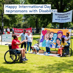 A heartwarming scene celebrating International Day of Persons with Disabilities, featuring individuals with various disabilities engaging in joyful activities