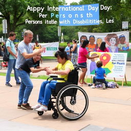 A heartwarming scene celebrating International Day of Persons with Disabilities, featuring individuals with various disabilities engaging in joyful activities