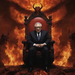 A commanding Henry Kissinger in a surreal underworld, having kicked Satan from his throne. Demons and a subdued Satan kneel before him, set amidst the fiery backdrop of a Dante-esque Hell.